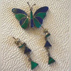 Brooch and earrings-silver stamp Butterfly Jewelry Set, azurite and malachite